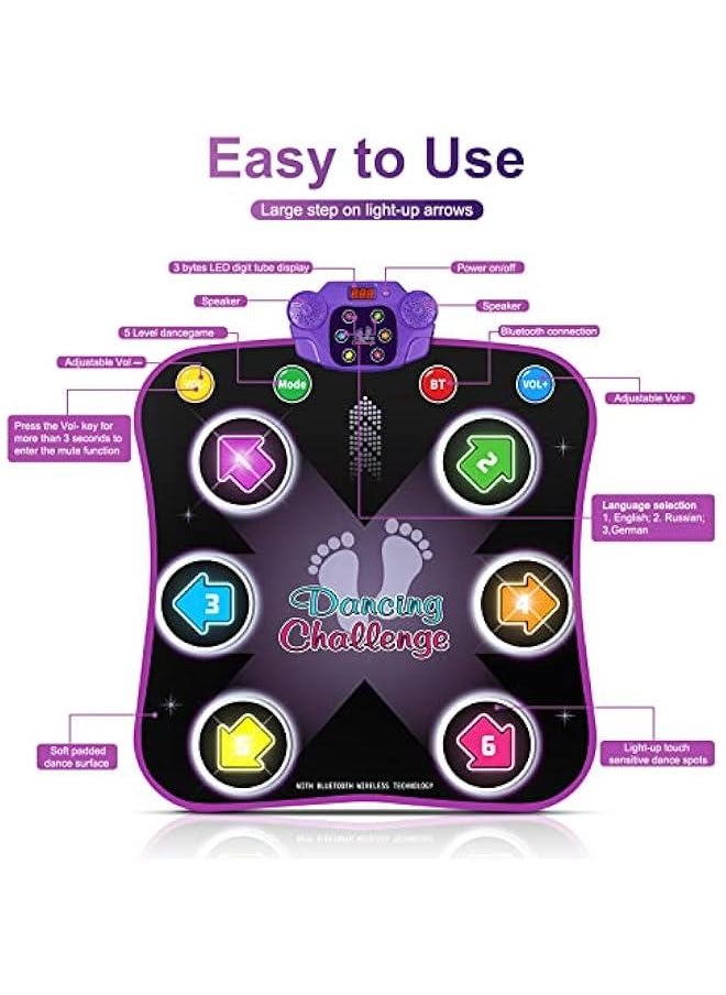 Dance Mat Toys for 3-12 Year Old Kids, Electronic Dance Pad with Light-up 6-on Wireless Bluetooth, Music Dance with 5 Game Modes, Birthday Toys Gifts for 3 4 5 6 7 8 9 10+ Year Old Girls