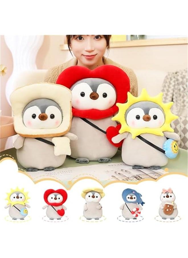 Cute Plush Penguin Stuffed Animal Pillow, 9.8 Soft Kawaii Penguin Plushies with Costume Toast Outfit Gifts for Kids