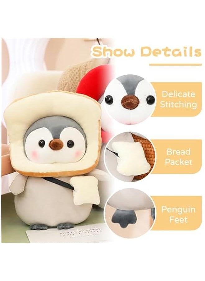 Cute Plush Penguin Stuffed Animal Pillow, 9.8 Soft Kawaii Penguin Plushies with Costume Toast Outfit Gifts for Kids