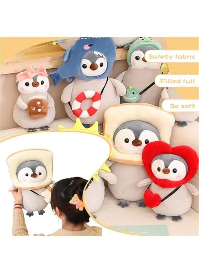 Cute Plush Penguin Stuffed Animal Pillow, 9.8 Soft Kawaii Penguin Plushies with Costume Toast Outfit Gifts for Kids