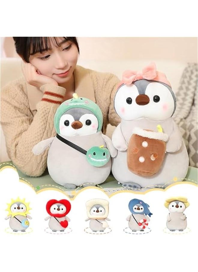 Cute Plush Penguin Stuffed Animal Pillow, 9.8 Soft Kawaii Penguin Plushies with Boba Bubble Tea Outfit Gifts for Kids