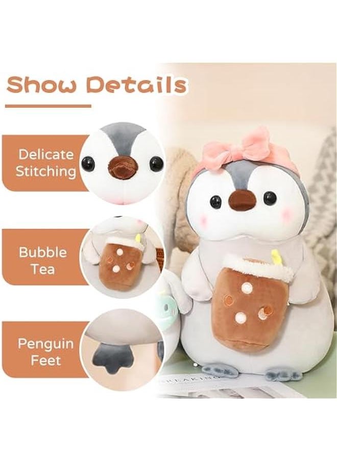 Cute Plush Penguin Stuffed Animal Pillow, 9.8 Soft Kawaii Penguin Plushies with Boba Bubble Tea Outfit Gifts for Kids