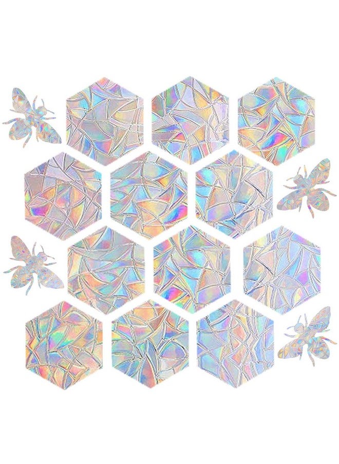 16 Pieces Hexagons And Bee Window Clings - Anti-Collision Window Decals To Save Birds From Window Collisions,Non Adhesive Prismatic Vinyl Window Clings, Rainbow Stickers