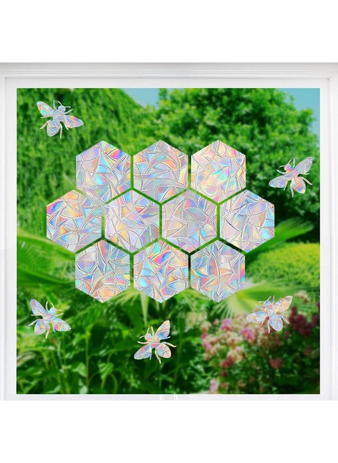 16 Pieces Hexagons And Bee Window Clings - Anti-Collision Window Decals To Save Birds From Window Collisions,Non Adhesive Prismatic Vinyl Window Clings, Rainbow Stickers