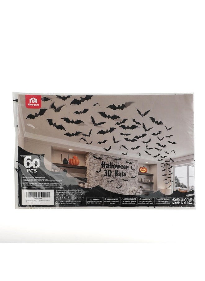 60Pcs Halloween Bats Decoration, 4 Different Sizes Realistic Pvc Black 3D Scary Bat Sticker For Home Decor Diy Wall Decal Bathroom Indoor Hallowmas Party Supplies