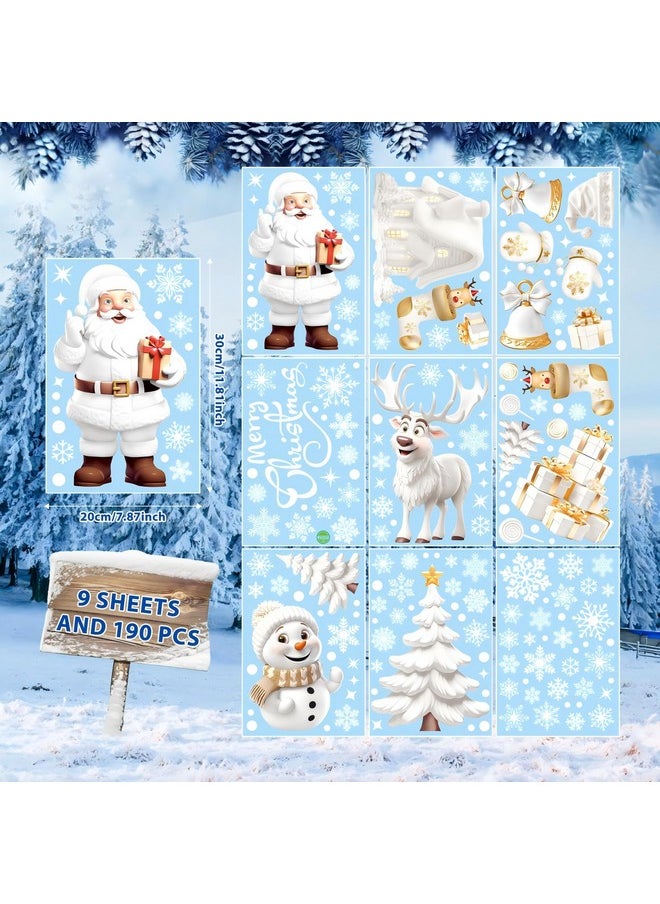 Christmas Window Clings, 190 Pcs Large 3D Reusable Christmas Window Stickers For Glass, 9 Sheets Double Sided Santa Claus Snowman Snowflakes Reindeer Stickers For Christmas Party Decorations