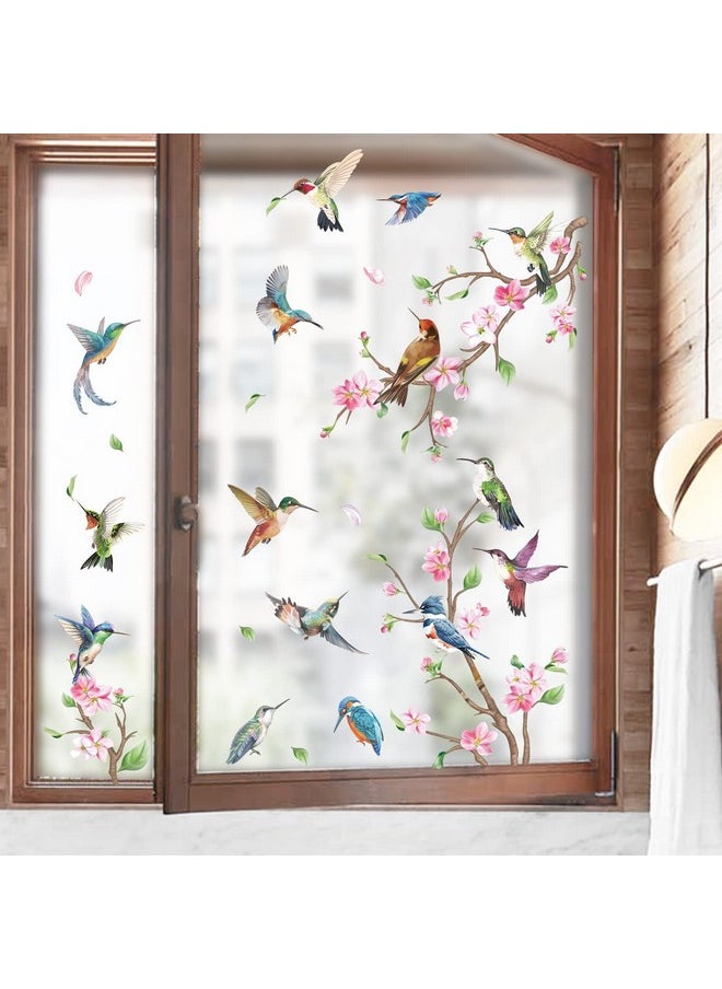 Hummingbirds Spring Easter Double Sided Window Clings Flowers Branch And Birds Window Decals Anti-Collision Glass Window Doors Window Stickers