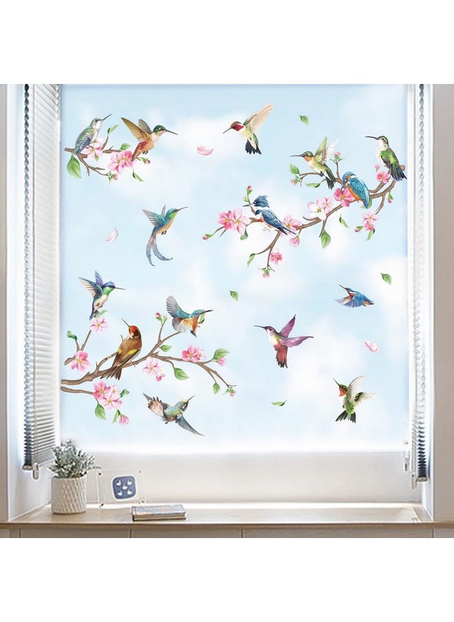 Hummingbirds Spring Easter Double Sided Window Clings Flowers Branch And Birds Window Decals Anti-Collision Glass Window Doors Window Stickers