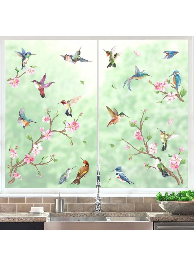 Hummingbirds Spring Easter Double Sided Window Clings Flowers Branch And Birds Window Decals Anti-Collision Glass Window Doors Window Stickers