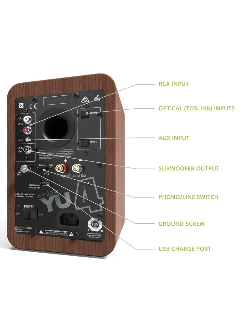 Kanto YU4WALNUT Powered Speakers with Bluetooth and Built-in Phono Preamp | Auto Standby and Startup | Remote Included | 140W Peak Power | Pair | Walnut