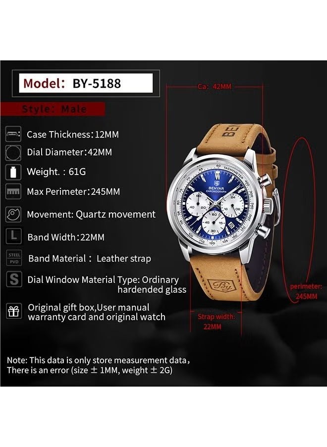 Men's watches waterproof watches men's multifunctional chronograph fashion business work leisure watch calendar BY-5188