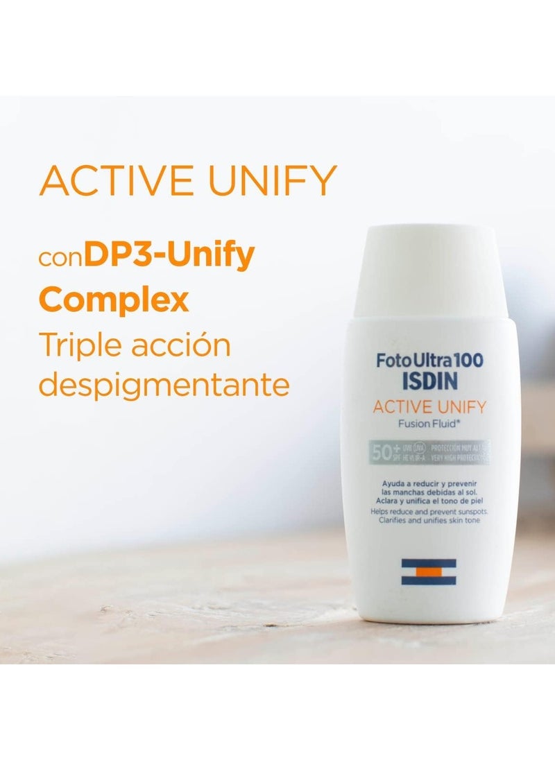 Isdin Fotoultra 50 Active Unify Fusion Fluid Color - SPF 50+ Sunscreen for Sensitive Skin, Even Skin Tone, 50ml for all skin type