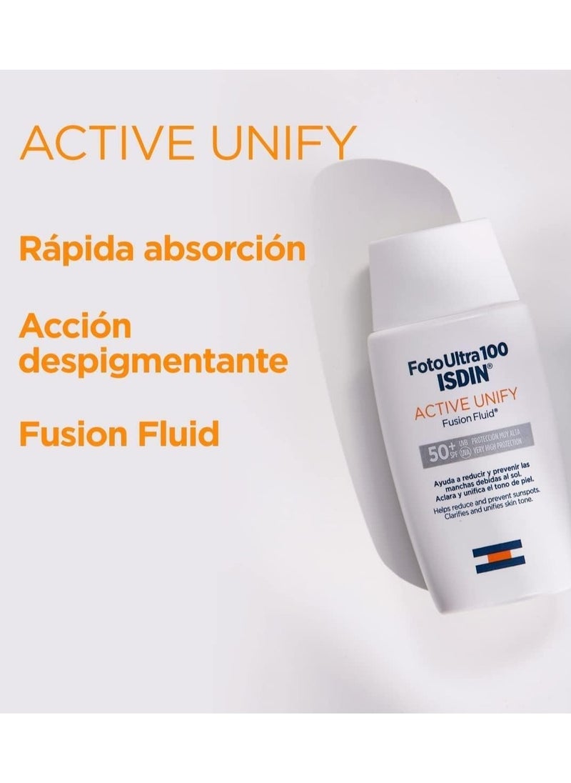 Isdin Fotoultra 50 Active Unify Fusion Fluid Color - SPF 50+ Sunscreen for Sensitive Skin, Even Skin Tone, 50ml for all skin type