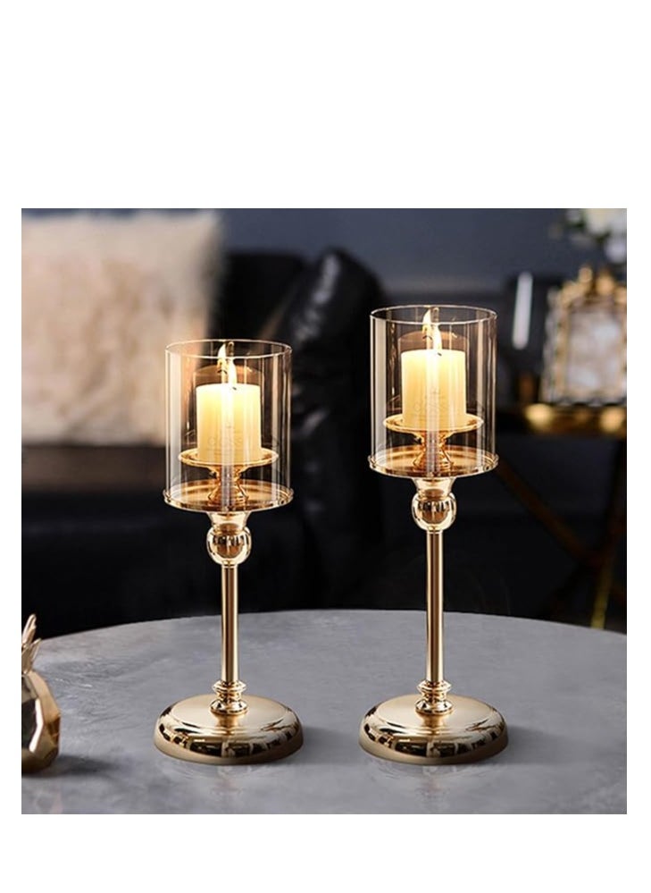 Gold Candlestick Holder Set – 3-Piece Hurricane Candle Stand with Glass Cover for Wedding and Party Table Decor