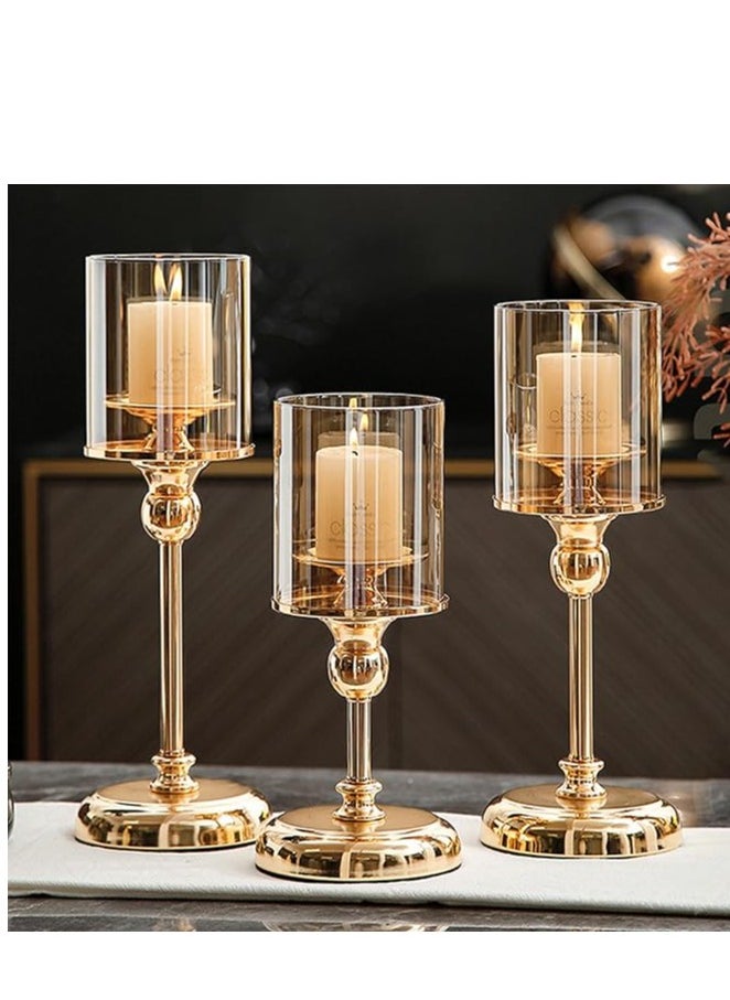 Gold Candlestick Holder Set – 3-Piece Hurricane Candle Stand with Glass Cover for Wedding and Party Table Decor