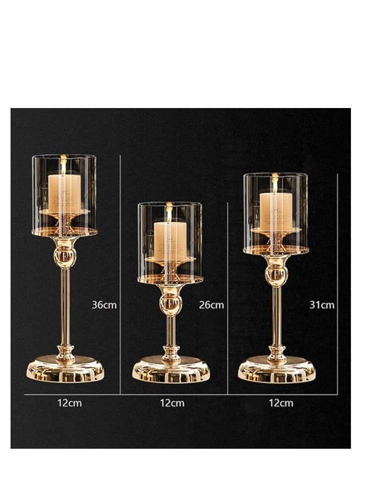 Gold Candlestick Holder Set – 3-Piece Hurricane Candle Stand with Glass Cover for Wedding and Party Table Decor