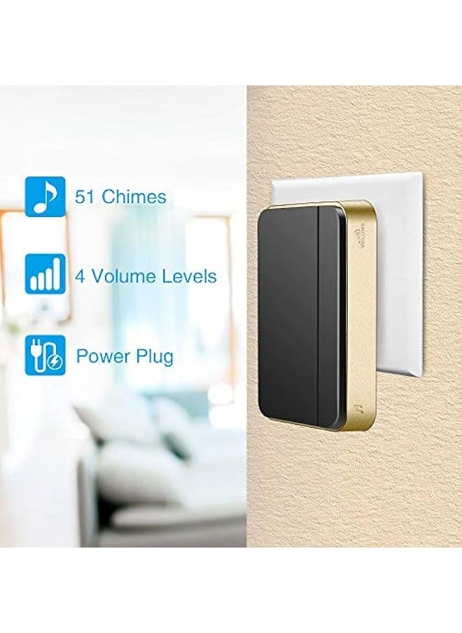 『No Battery Required』 Wireless Doorbell,Waterproof Door Chime Kit with 1 Press Self-Powered Transmitter & 1 Plug-in Receiver,51 Chimes,4 Volume Levels,No Battery Required,Black