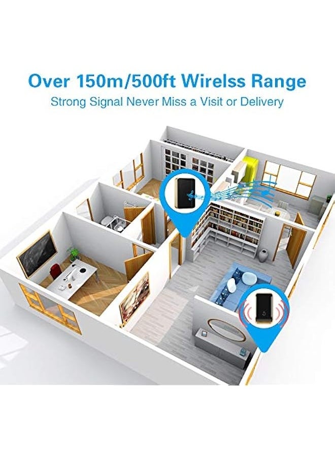 『No Battery Required』 Wireless Doorbell,Waterproof Door Chime Kit with 1 Press Self-Powered Transmitter & 1 Plug-in Receiver,51 Chimes,4 Volume Levels,No Battery Required,Black