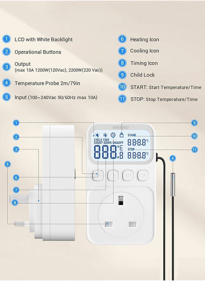 INKBIRD Plug-in Timer Thermostat C216T Programmable Heating and Cooling Temperature Controller with Timing Control High/Low-Temperature Alarm Refrigeration Delay Memory Function