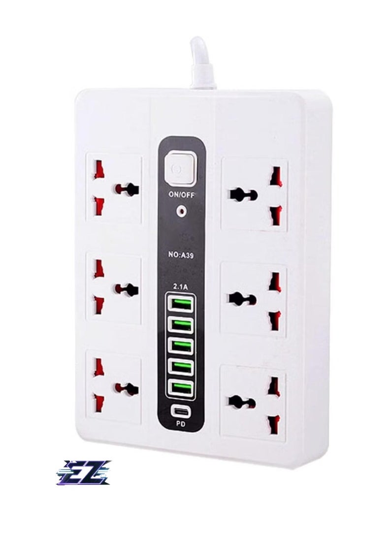 Power Strip Surge Protector with USB, 6 AC Outlets & 5 USB + 1 Type C, 6 ft Extension Cord, Flat Plug Compact Desktop Station, Space-Saving Socket (GK-A39-WHT)