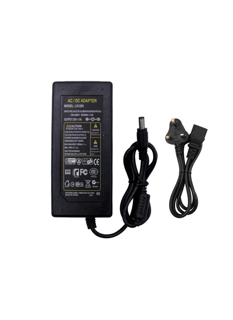 12V/5A AC/DC Adapter Switch Power Supply Charger for LED Light Strips CCTV Router 5.5x2.1-2.5mm Male Connector