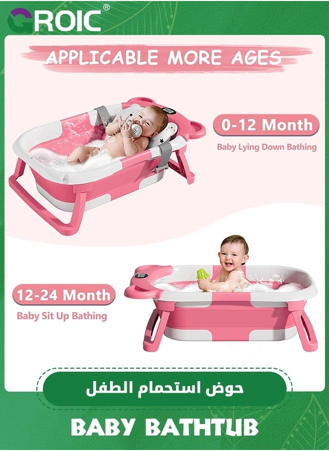 Collapsible Baby Bathtub for Newborn with Thermometer & 1 Soft Floating Cushion,Portable Travel Drain Hole, Durable Foldable Tubs,Baby Bath Pad(Pink)