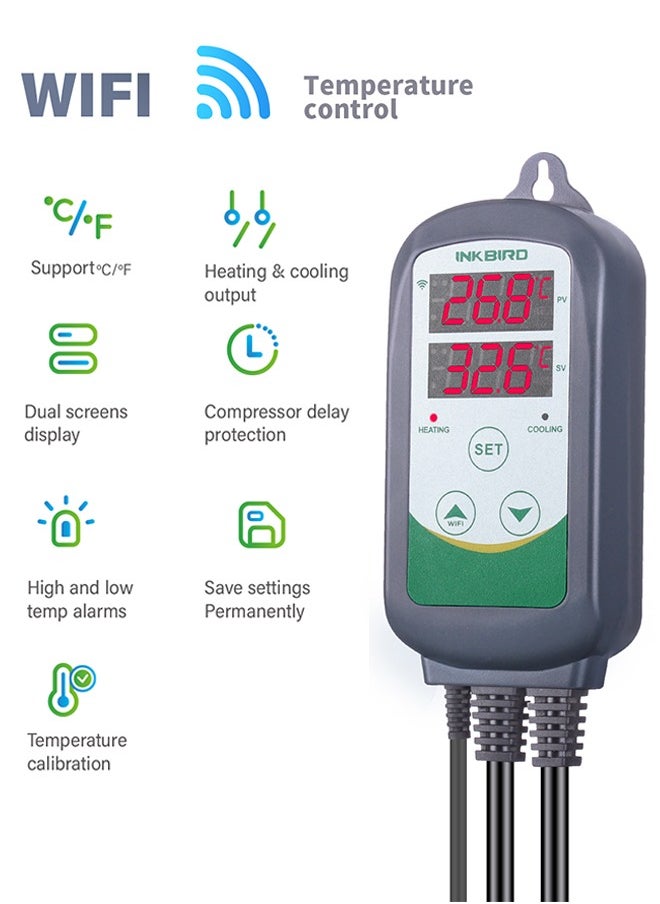 INKBIRD Digital WiFi Thermostat Heating and Cooling Control Temperature Controller ITC-308-WIFI Wireless Thermostat with Temperature Graph for Greenhouse Hydroponics Heat Mat Reptile Incubation