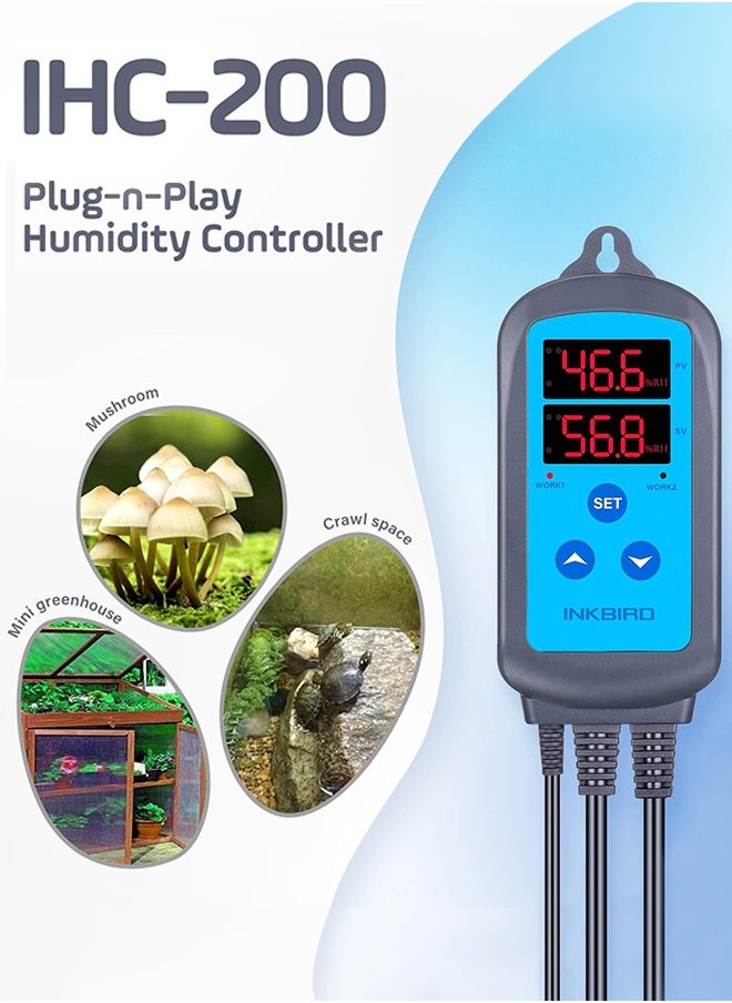 INKBIRD Humidity Controller IHC-200 Dual Relays Digital RH Humidistat for Hygrostat Humidifier Dehumidifier