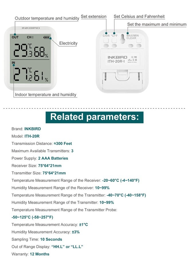 INKBIRD ITH-20R Digital Hygrometer Indoor Indoor Outdoor Wireless Receiver Thermometer Humidity Gauge with Accurate Temperature Humidity Display Monitor (One Receiver One Transmitter)