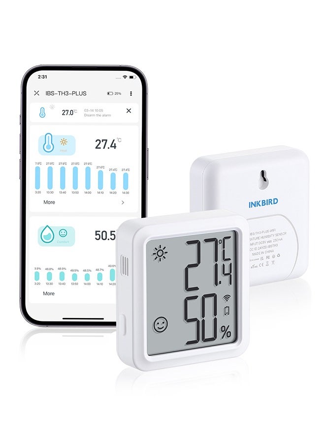 INKBIRD WiFi Thermometer Hygrometer Monitor Indoor Temperature Humidity Sensor IBS-TH3-PLUS-WIFI with LCD Display App Notification Alert 1 Year Data Storage Export Remote Monitor