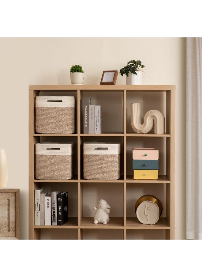 Cube Storage Basket, 3-Pack Woven Cotton Rope Baskets For Storage, 11-Inch Cube Basket With Handles, Great For Shelves, Closets, Children'S Toy Storage And Organization-White & Brown