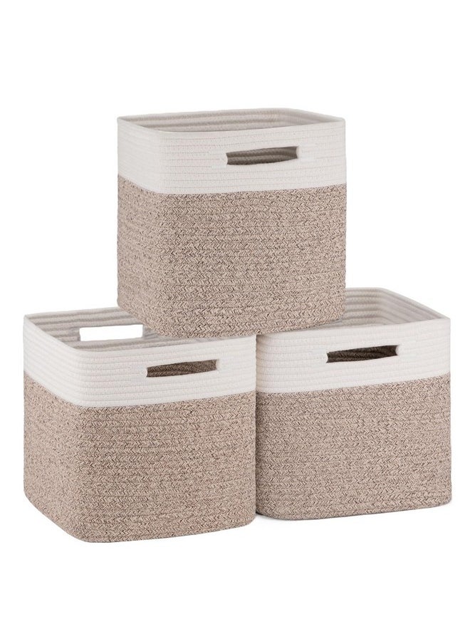 Cube Storage Basket, 3-Pack Woven Cotton Rope Baskets For Storage, 11-Inch Cube Basket With Handles, Great For Shelves, Closets, Children'S Toy Storage And Organization-White & Brown