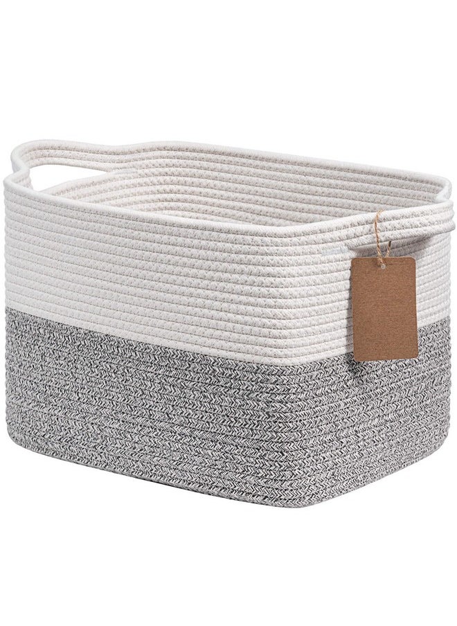 Woven Storage Basket For Shelves, Small Laundry Basket For Cloth Towel Shoe, Empty Gift Basket With Handles, Grey And White Square Basket, 13 X 10 X 9 Inches