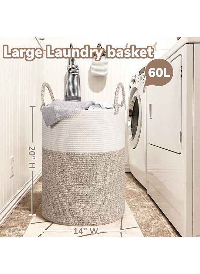 Large Laundry Hamper, Baby Laundry Hamper For Toys, Tall Woven Laundry Basket For Clothes, Blanket Storage Basket For Living Room, 19.7 X 13.8 Inches, Light & Brown