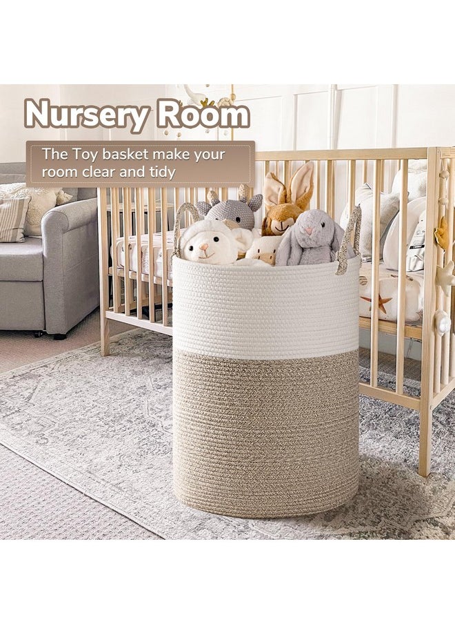 Large Laundry Hamper, Baby Laundry Hamper For Toys, Tall Woven Laundry Basket For Clothes, Blanket Storage Basket For Living Room, 19.7 X 13.8 Inches, Light & Brown