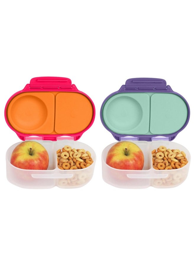 Snack Box (2-Pack) For Kids & Toddlers: 2 Compartment Snack Containers, Mini Bento Box, Lunch Box. Leak Proof, Bpa Free, Dishwasher Safe. Ages 4 Months+ (S'Shake + Lilac Pop, 12Oz Capacity)