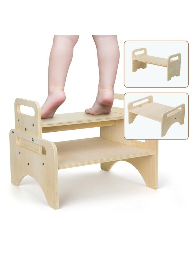 Wooden Toddler Step Stool For Kids, Multifunctional Two Step Stools With Safety Non-Slip Mats For Safety And Handles, Two One Step Stool For Adults Bathroom, Kitchen And Toilet Potty Training