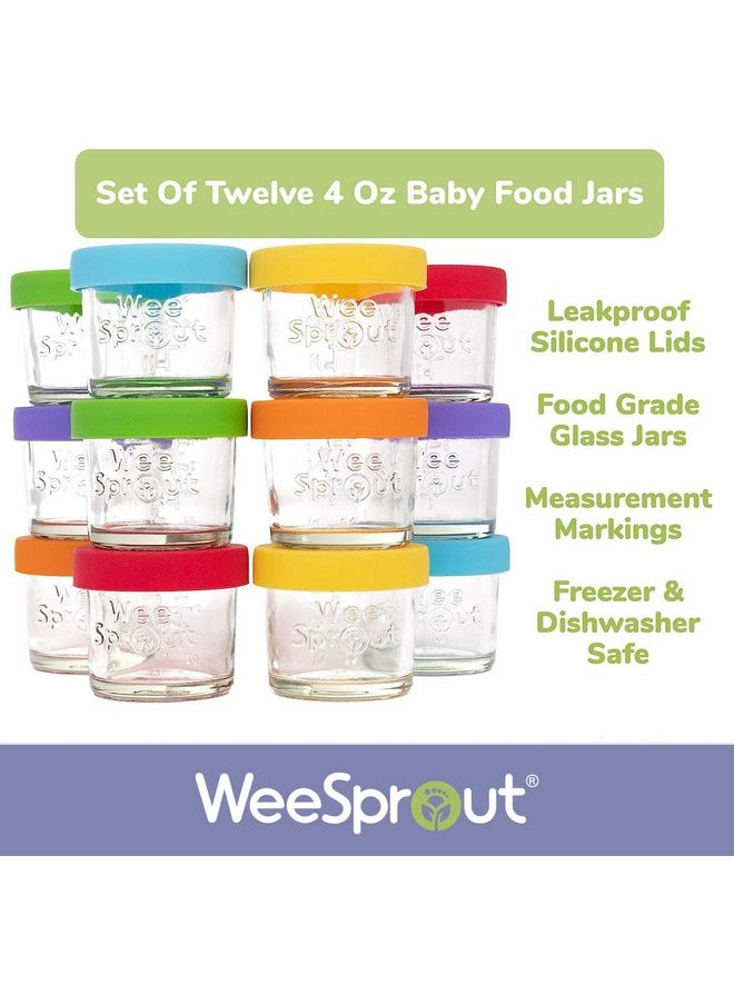 Glass Baby Food Storage Jars W/Lids (4 Oz, 12 Pack Set) Snack, Puree, Reusable Small Containers, Breast Milk, Fridge Or Freezer, Microwave & Dishwasher Safe, Essential Must Have For Infants