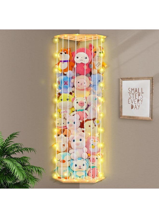 Stuffed Animals Storage Organizer With Led Light Corner Hanging Stuffed Animals Zoo Cage With Adjustable Height Wood Nursery Plushie Toys Storage For Kids Playroom Bedroom Wall Decor, White