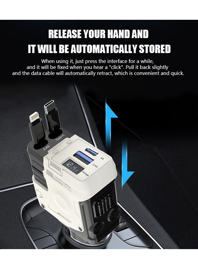Car Charger 75W, Collapsible Lightning & Type C Cables Charger Adapter, Fast Charging Phone Charger Adapter for iPhone 16 ,16 Pro Max, Galaxy S24 Ultra, iPad, MacBook, Huawei and more