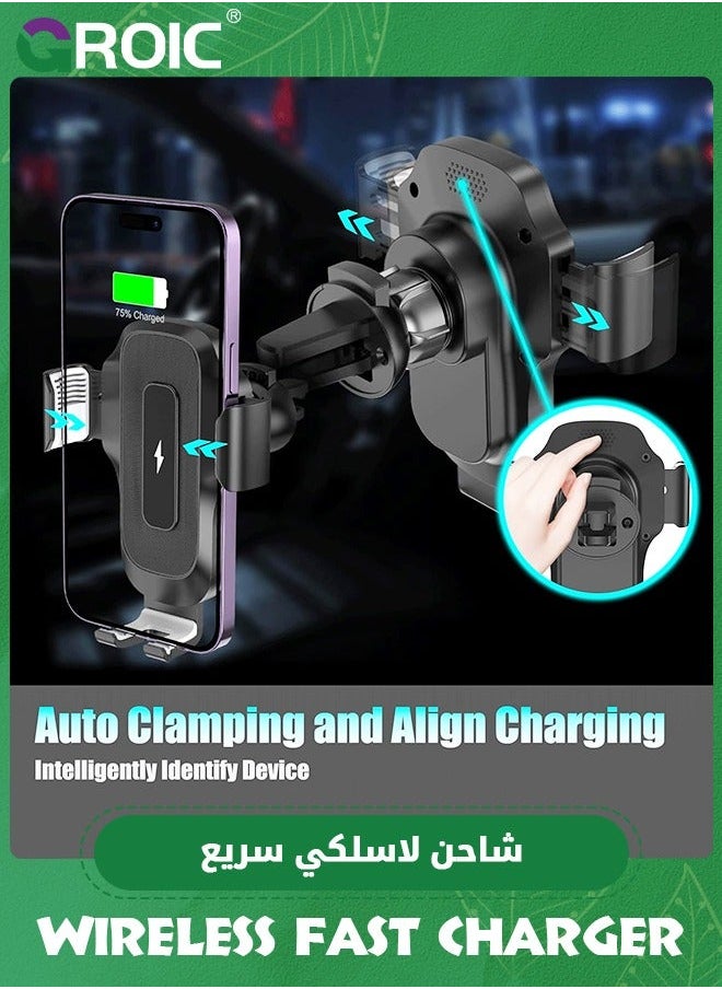 Wireless Car Charger, 15W Qi Fast Charging Auto Clamping Charger Cell Phone Holder Mount Air Vent for iPhone 15 14 13 12 11 Pro Max, Samsung Galaxy S23 Ultra S22 S21+ S10+ Note 20