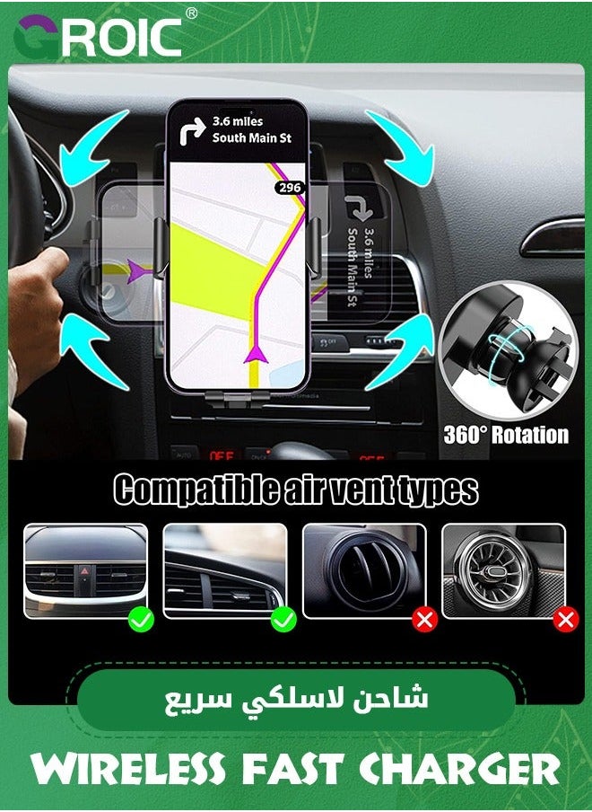 Wireless Car Charger, 15W Qi Fast Charging Auto Clamping Charger Cell Phone Holder Mount Air Vent for iPhone 15 14 13 12 11 Pro Max, Samsung Galaxy S23 Ultra S22 S21+ S10+ Note 20