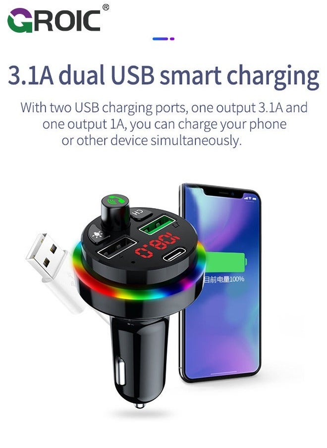 Bluetooth Car FM Transmitter, Music Lighter Player with MP3, 2 USB Ports, Adapter Auxiliary Connector, Wireless Hands-Free 7 Colors LEDs, Supports TF Card/USB Suppo