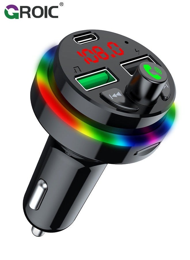 Bluetooth Car FM Transmitter, Music Lighter Player with MP3, 2 USB Ports, Adapter Auxiliary Connector, Wireless Hands-Free 7 Colors LEDs, Supports TF Card/USB Suppo