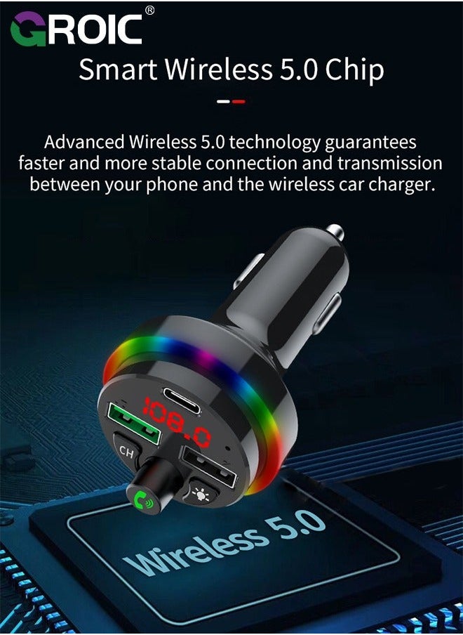 Bluetooth Car FM Transmitter, Music Lighter Player with MP3, 2 USB Ports, Adapter Auxiliary Connector, Wireless Hands-Free 7 Colors LEDs, Supports TF Card/USB Suppo