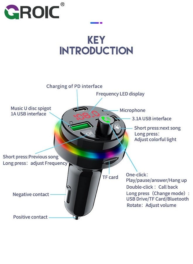Bluetooth Car FM Transmitter, Music Lighter Player with MP3, 2 USB Ports, Adapter Auxiliary Connector, Wireless Hands-Free 7 Colors LEDs, Supports TF Card/USB Suppo