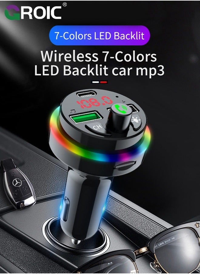 Bluetooth Car FM Transmitter, Music Lighter Player with MP3, 2 USB Ports, Adapter Auxiliary Connector, Wireless Hands-Free 7 Colors LEDs, Supports TF Card/USB Suppo