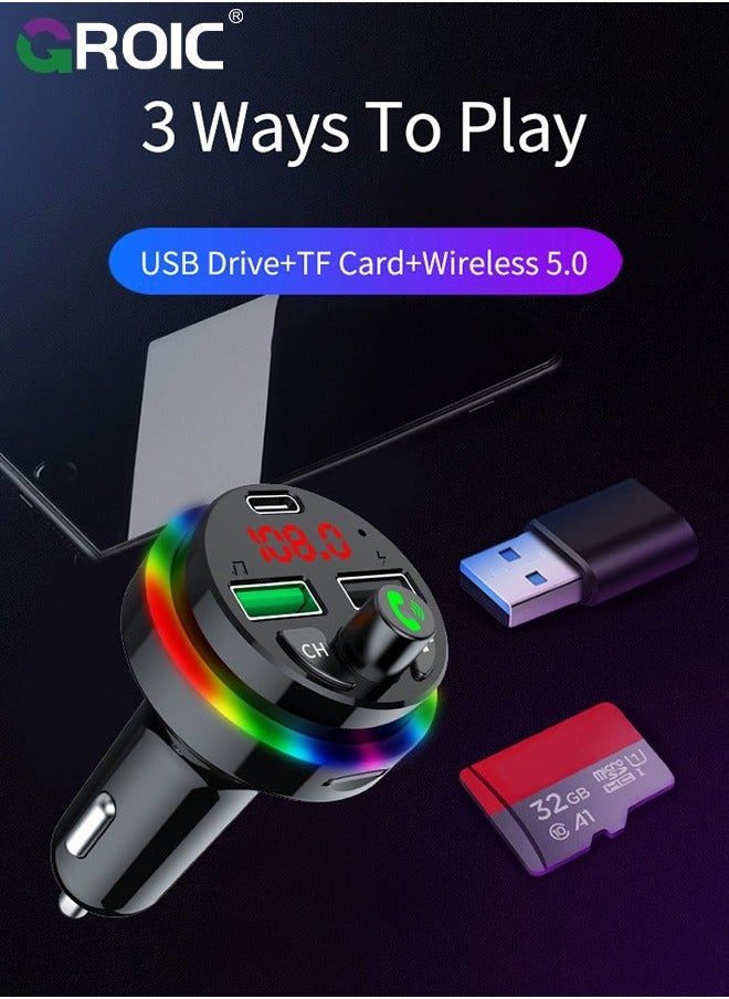 Bluetooth Car FM Transmitter, Music Lighter Player with MP3, 2 USB Ports, Adapter Auxiliary Connector, Wireless Hands-Free 7 Colors LEDs, Supports TF Card/USB Suppo
