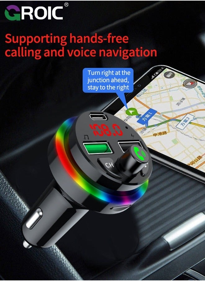 Bluetooth Car FM Transmitter, Music Lighter Player with MP3, 2 USB Ports, Adapter Auxiliary Connector, Wireless Hands-Free 7 Colors LEDs, Supports TF Card/USB Suppo