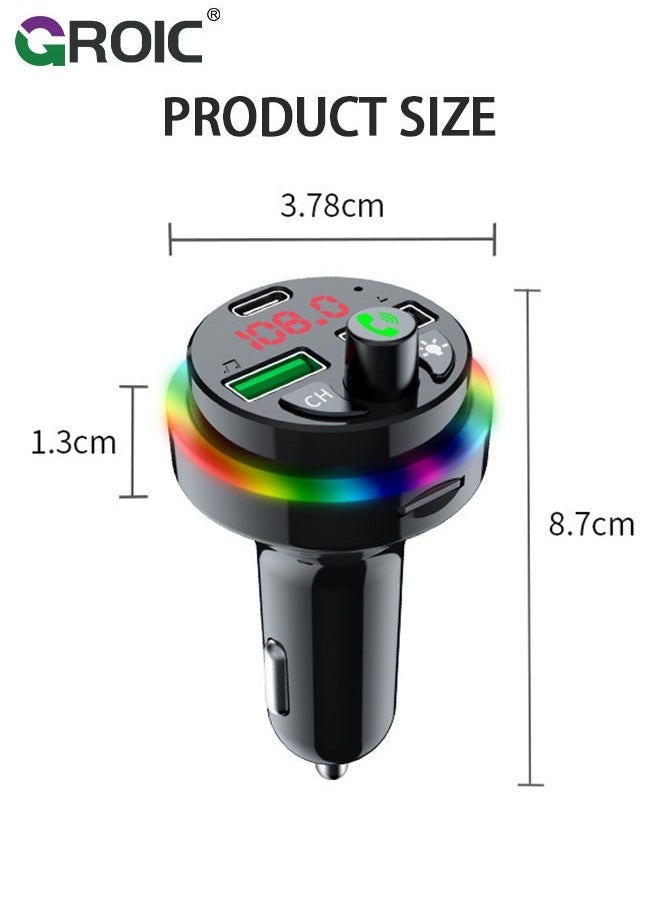 Bluetooth Car FM Transmitter, Music Lighter Player with MP3, 2 USB Ports, Adapter Auxiliary Connector, Wireless Hands-Free 7 Colors LEDs, Supports TF Card/USB Suppo